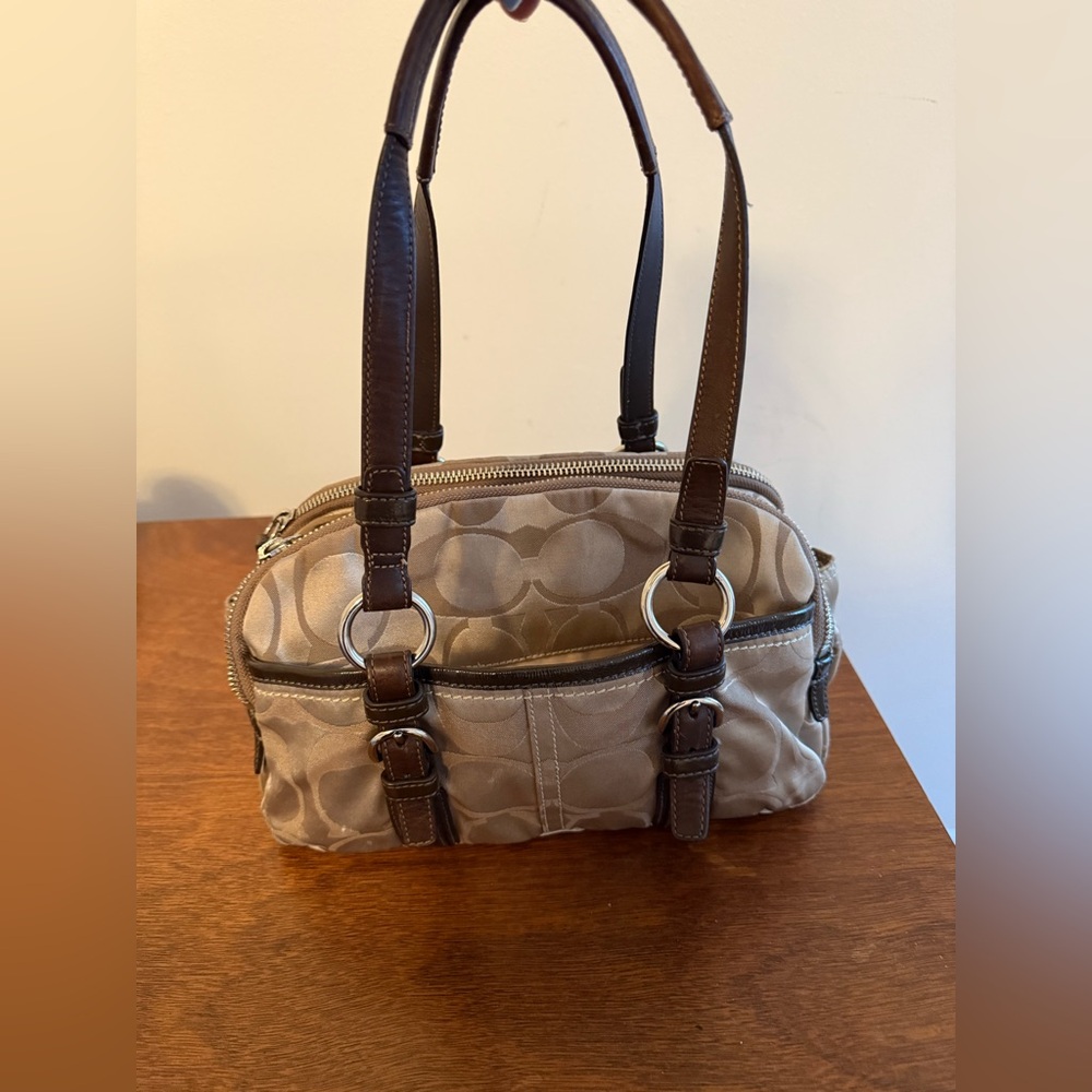 Coach Tan and Brown Signature Satchel with Leather Trim